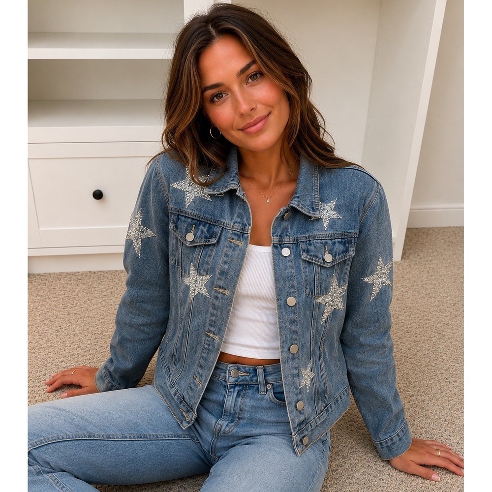 Blue B Collection From Buckle Denim Jean Jacket Stars Rhinestone Concert Small